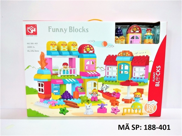 188-401  HỘP LOGO RÁP CỬA HÀNG 1 LẦU, BẬP BÊNH + BÉ, NHO 120 MIẾNG  Funny Blocks