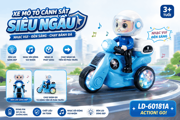 LD-60181A XE MOTO 3 BÁNH PIN NHẠC ĐÈN, NÂNG ĐẦU XOAY 360 ĐỘ, PHUN KHÓI, CÓ NGƯỜI Police