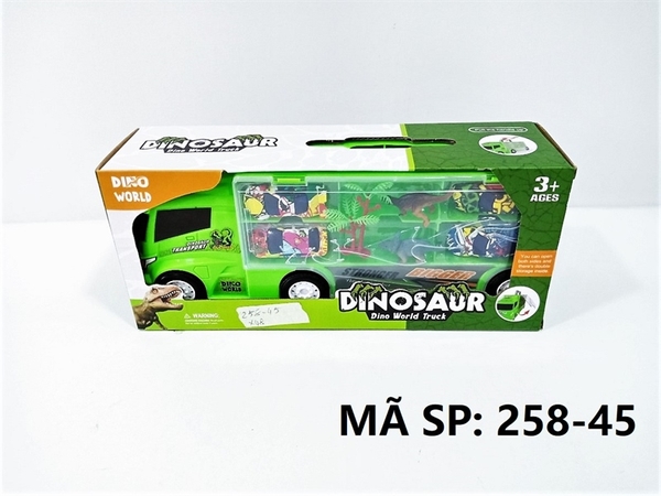 258-45  HỘP XE TẢI TRỚN CHỞ 4C XE HƠI + 2C KHỦNG LONG   Dinosaur Dino World Truck
