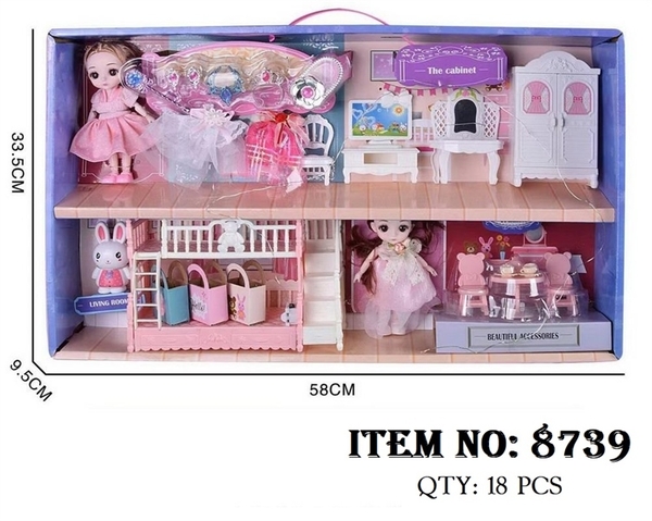 8739  HỘP BABY 2C KHỚP, MẮT THỦY TINH + GIƯỜNG TẦNG + 2 ÁO + BÀN TRANG ĐIỂM + VƯƠNG MIỆN + 3C TÚI XÁCH + 1C THỎ + DÂY ĐÈN LED