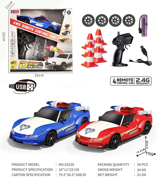 93229  HỘP XE HƠI CẢNH SÁT ĐIỀU KHIỂN 7 ĐỘNG TÁC, CẦN GẠT XOAY, CÓ SẠC + VỎ XE + BIỂN BÁO