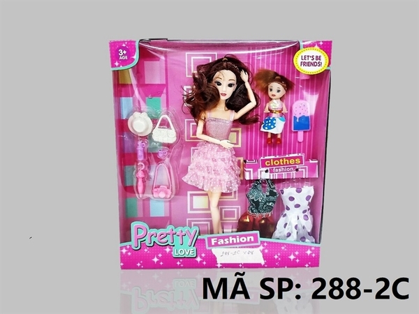 288-2C  HỘP BABY 2C (1C LỚN KHỚP, MẮT THỦY TINH, 1C NHÍ) + 2 ÁO, NÓN, TÚI XÁCH, CHÓ, KEM   Pretty Love   NK288-
