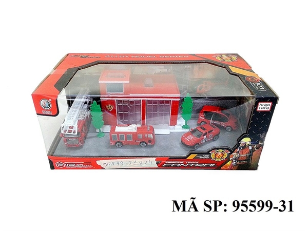 95599-31  HỘP XE CỨU HỎA SẮT TRỚN 5C + NHÀ MÔ HÌNH + 2 CÂY (XE HƠI,CÔNG TRÌNH THANG, MÁY BAY TRỰC THĂNG)