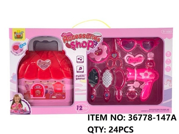 36778-147A  HỘP TRANG ĐIỂM MÁY SẤY, GƯƠNG LƯỢC, KÉO + VALI NHÀ PIN NÚT 12 MIẾNG