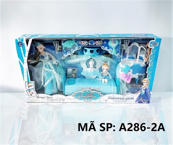 A286-2A  HỘP BABY 2C KHỚP, MẮT THỦY TINH (1C LỚN, 1C NHỎ) + GIƯỜNG PIN NÚT + BÀN TRANG ĐIỂM   Princess Bed