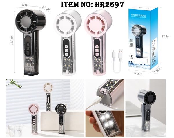 HR2697  HỘP QUẠT PIN CẦM TAY SÒ LẠNH ĐÈN + SẠC