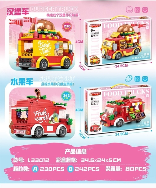 L33012  HỘP LOGO RÁP XE THỨC ĂN NHANH,TRÁI CÂY 2 MẪU (230 MIẾNG, 242 MIẾNG)