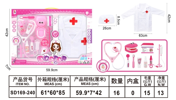 SD169-240  HỘP BÁC SĨ KHÁM RĂNG, TAI NGHE, BÀN CHẢI, HÀM RĂNG + ÁO BÁC SĨ TRẮNG .