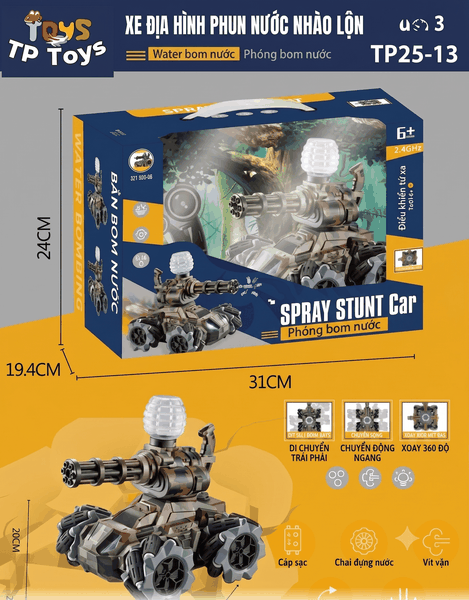 TP25-13  HỘP XE TĂNG ĐIỀU KHIỂN 7 ĐỘNG TÁC BẮN ĐẠN BI NƯỚC, CÓ SẠC, XOAY 360 ĐỘ BÁNH XOẮN (TIẾNG VIỆT)