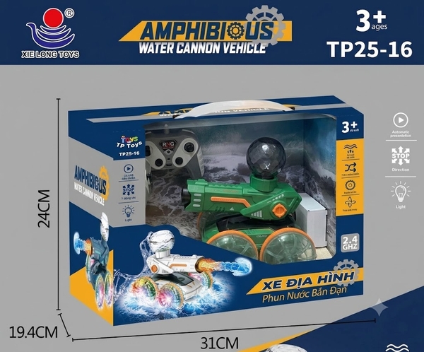 TP25-16  HỘP XE ĐỊA HÌNH ĐIỀU KHIỂN CHẠY DƯỚI NƯỚC, PHUN KHÓI, CÓ SẠC (TIẾNG VIỆT)