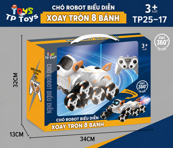 TP25-17  HỘP ROBO CHÓ ĐIỀU KHIỂN PHUN KHÓI, CÓ SẠC, 8 BÁNH (TIẾNG VIỆT)