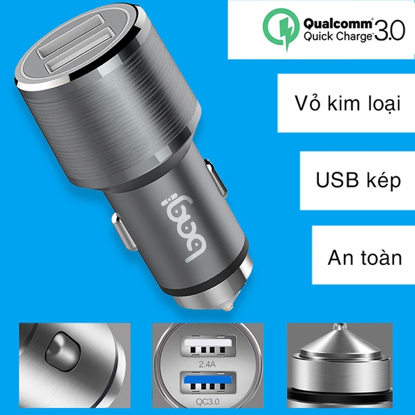 Củ sạc ô tô 2 USB QC3.0 Bagi CC-O52n