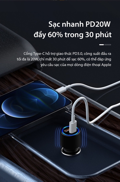 Củ sạc nhanh ôtô 2 cổng PD20W