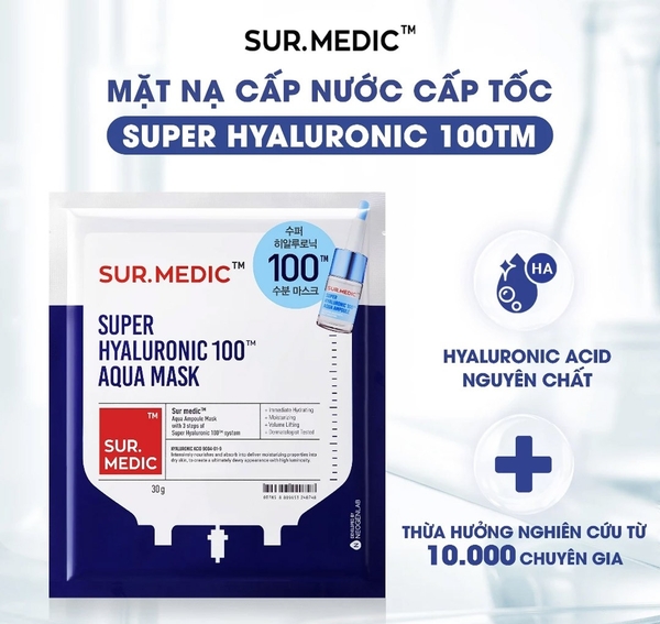 (10 Miếng/Hộp) Mặt Nạ Sur.Medic+ Cấp Nước Siêu Tốc Super Hyaluronic 100™ Aqua Mask 30g