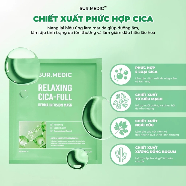 (10 Miếng/Hộp) Mặt Nạ Làm Dịu Da Sur.Medic Derma Infusion Mask Relaxing Cica-Full 28g