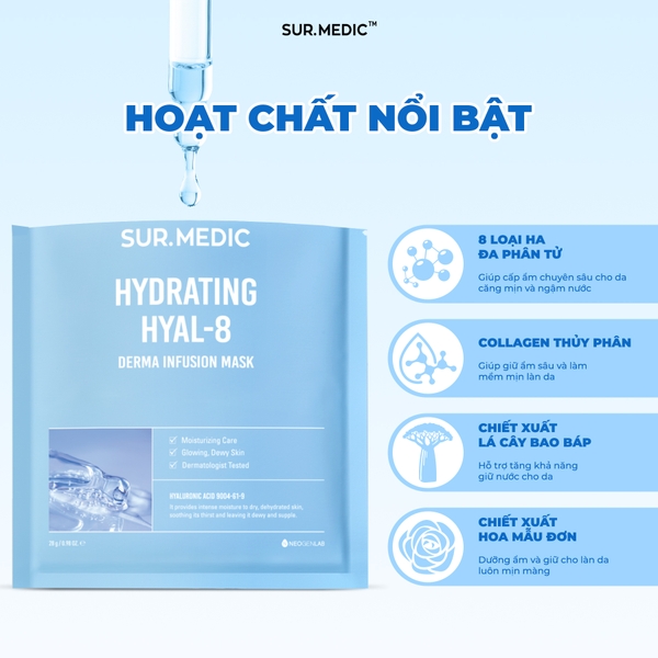 (10 Miếng/Hộp) Mặt Nạ Cấp Ẩm Sur.Medic Derma Infusion Mask Hydrating Hyal-8 28g
