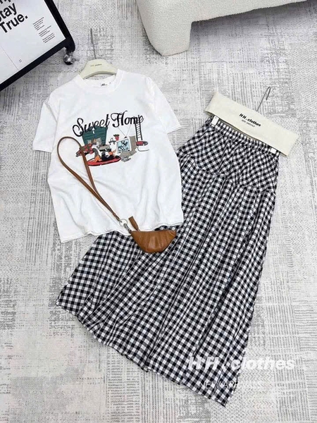 SET BỘ ÁO PHÔNG SWEET HOME MIX CHÂN VÁY KẺ NỮ