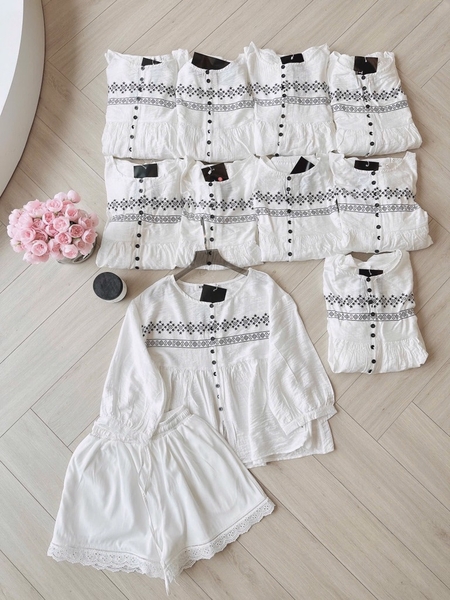 SET IN HOẠ TIẾT MIX QUẦN PHỐI REN GẤU NỮ
