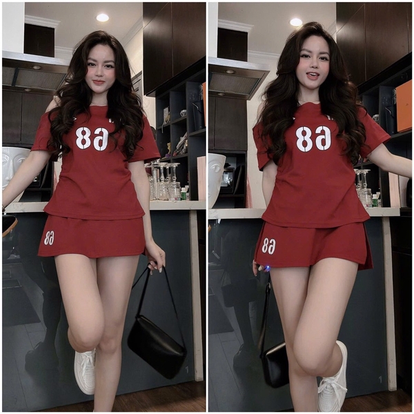 SET COTTON TÀU ÁO LỆCH ĐỎ NỮ SẴN