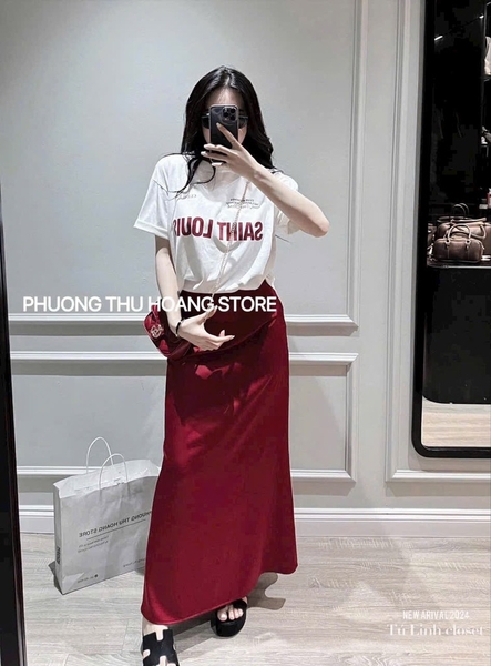 SET CHÂN VÁY ĐỎ ÁO PHÔNG  TRẮNG NỮ