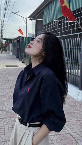 ÁO SƠ MI XANH THAN THÊU NGỰA DÀI TAY NỮ SẴN( XẢ 75k )