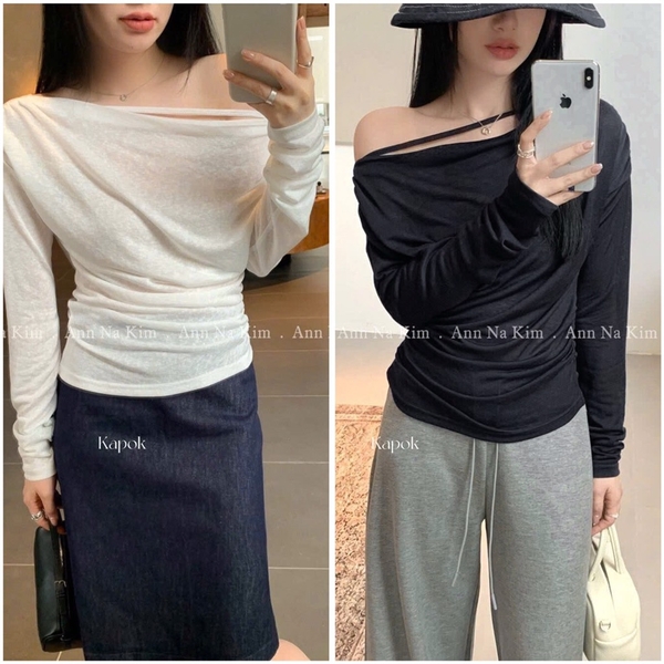 SET 2 ÁO LEN ĐEN TRẮNG TRỄ VAI NỮ THU ĐÔNG SẴN