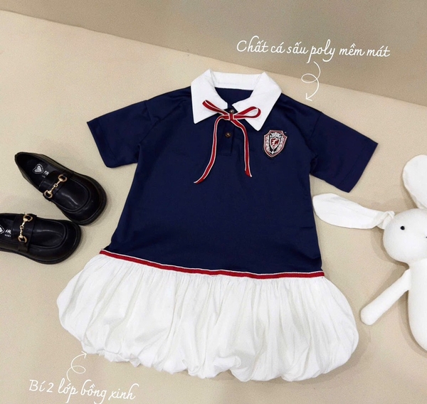 SET BỘ ÁO POLO XANH THAN CHÂN VÁY BỒNG BÉ GÁI