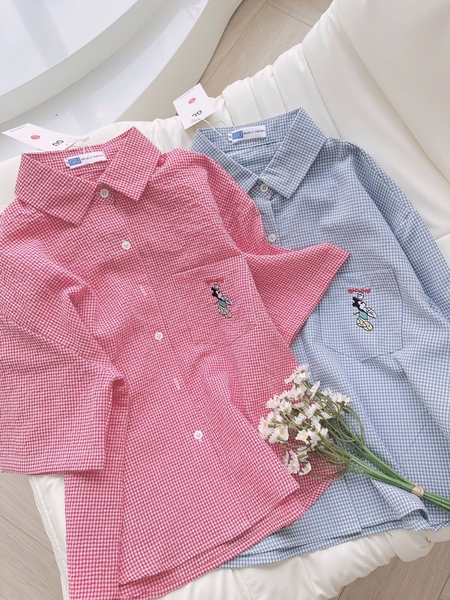 ÁO SƠ MI KẺ CỘC THÊU MK TÚI -  GU CAO CẤP NỮ SẴN(SALE 84k)