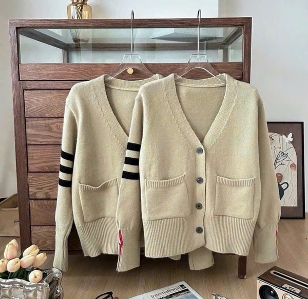 ÁO LEN CARDIGAN TAY SỌC MÀU BE NỮ THU ĐÔNG