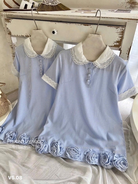 VÁY XANH KẺ CỔ SEN BÈO ĐÍNH HOA NỮ SẴN(Xả 135k)