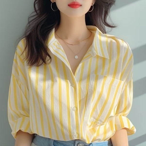 ÁO SƠ MI DÀI TAY KẺ VÀNG NỮ SẴN