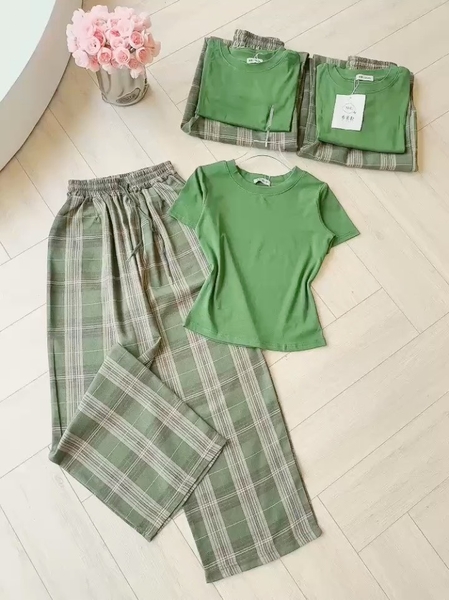 SET QUẦN KẺ 2 LI XANH RÊU NỮ