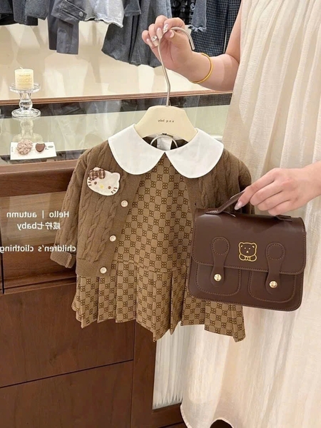 SET CARDIGAN DÀI TAY KÈM VÁY NÂU TÂY BÉ GÁI