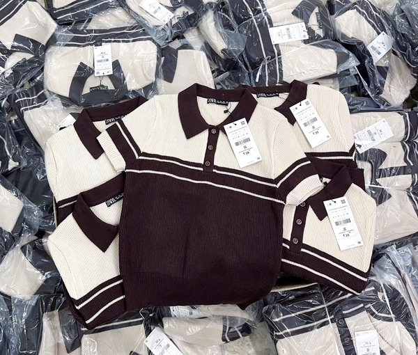 ÁO LEN CỘC POLO NÂU PHỐI BE SIÊU TÂY NỮ THU ĐÔNG