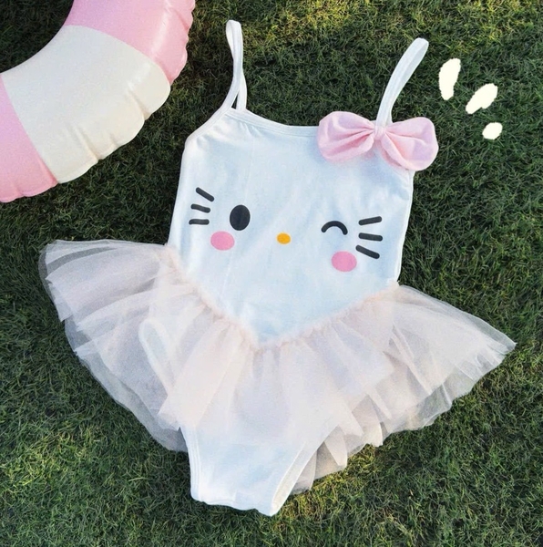 ĐỒ BƠI - BIKINI 2 DÂY KITTY TRẮNG VOAN BỒNG XOÈ CHO BÉ GÁI