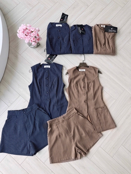 SET KẺ CÚC BỌC VẠT MỞ MIX SHORT NỮ SẴN (SALE 171k)