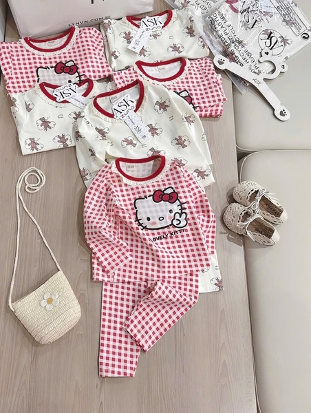 SET 2 BỘ DÀI KẺ CARO ĐỎ MÈO KITTY BÉ GÁI (XẢ 99k)