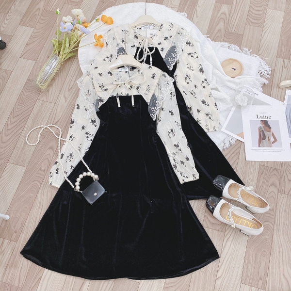 VÁY NHUNG DÁNG DÀI HOA TƠ CỔ REN (Xả 89K)