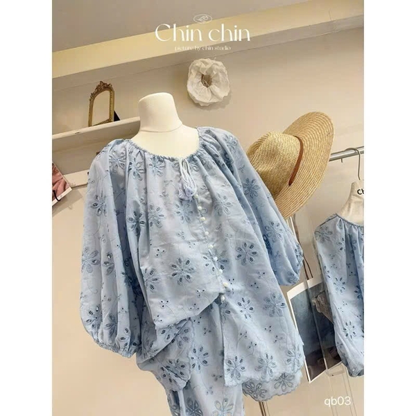 SET BỘ BÈO XANH DƯƠNG HOẠ TIẾT HOA NỮ