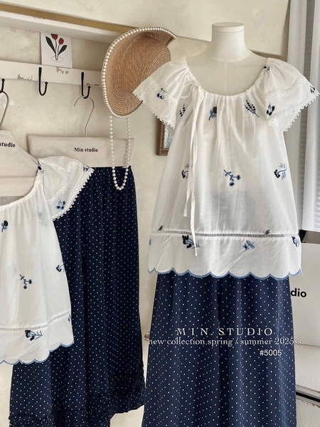 SET ÁO TRẮNG HOẠ TIẾT NHÀNH HOA QUẦN BI NỮ SẴN