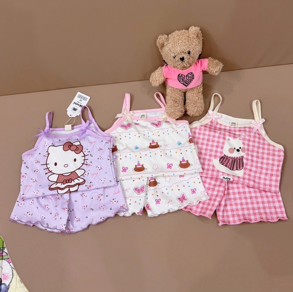 SET 3 BỘ ÁO 2 DÂY HELLO KITTY TÍM KẺ HỒNG BE BÉ GÁI SẴN(XẢ 85k)