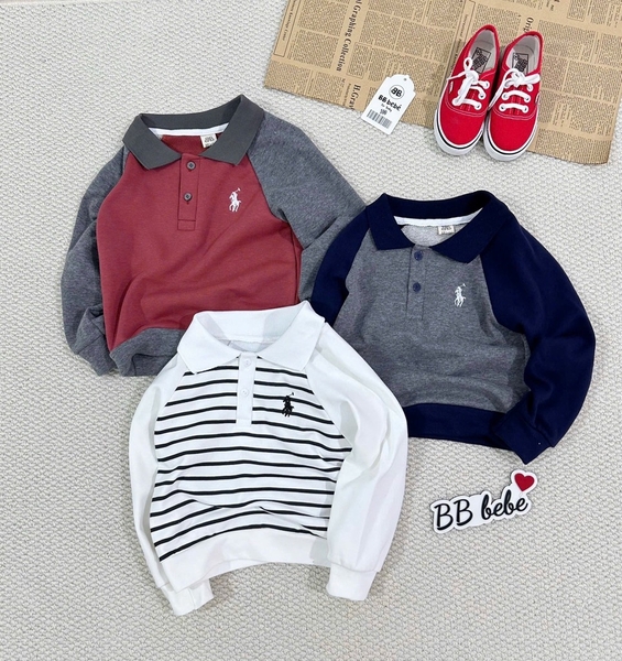 SET 3 ÁO NGỰA DÁNG BOM CỔ TRỤ DÀI TAY BÉ TRAI SẴN