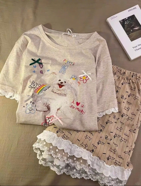 SET BỘ ÁO PHÔNG CHÓ PHỐI REN TONE NÂU BE NỮ SẴN