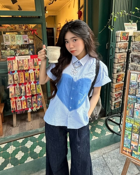 Áo sơ mi Boxy Caro Oxford - BLue Heart
