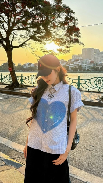 Áo sơ mi Boxy Caro Oxford - BLue Heart