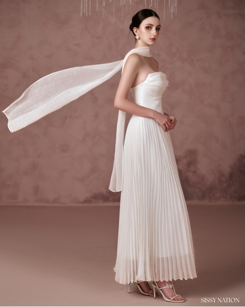 Amelia Corset Pleated Dress - White
