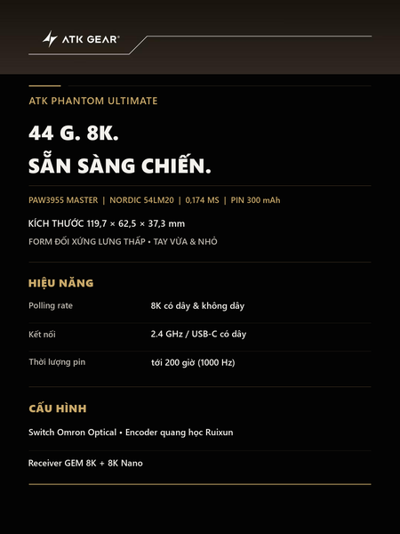 Chuột gaming ATK Phantom Ultimate Wireless 8K, PAW3955 Master, 44g