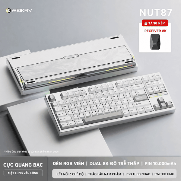 Weikav NUT87 Dual 8K – Bàn phím cơ nhôm CNC 80%, 3 mode, pin 10.000 mAh