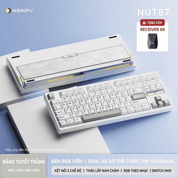 Weikav NUT87 Dual 8K – Bàn phím cơ nhôm CNC 80%, 3 mode, pin 10.000 mAh