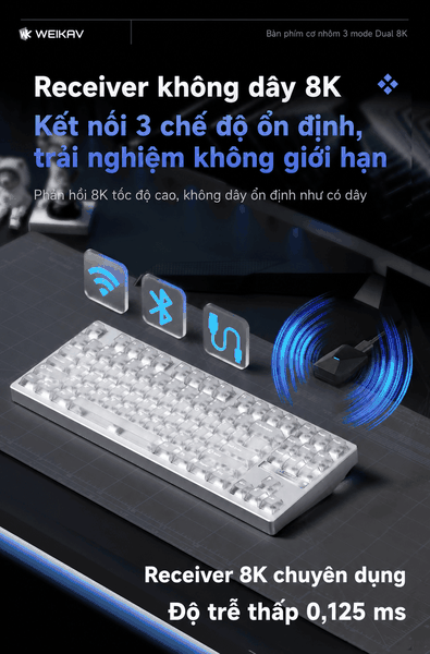 Weikav NUT87 Dual 8K – Bàn phím cơ nhôm CNC 80%, 3 mode, pin 10.000 mAh